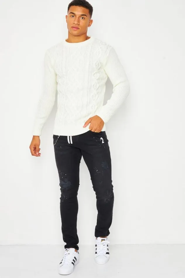 Men Cable Knit Crew Neck Jumper In Off White White Brentiny Paris Sweatshirts and Pullovers