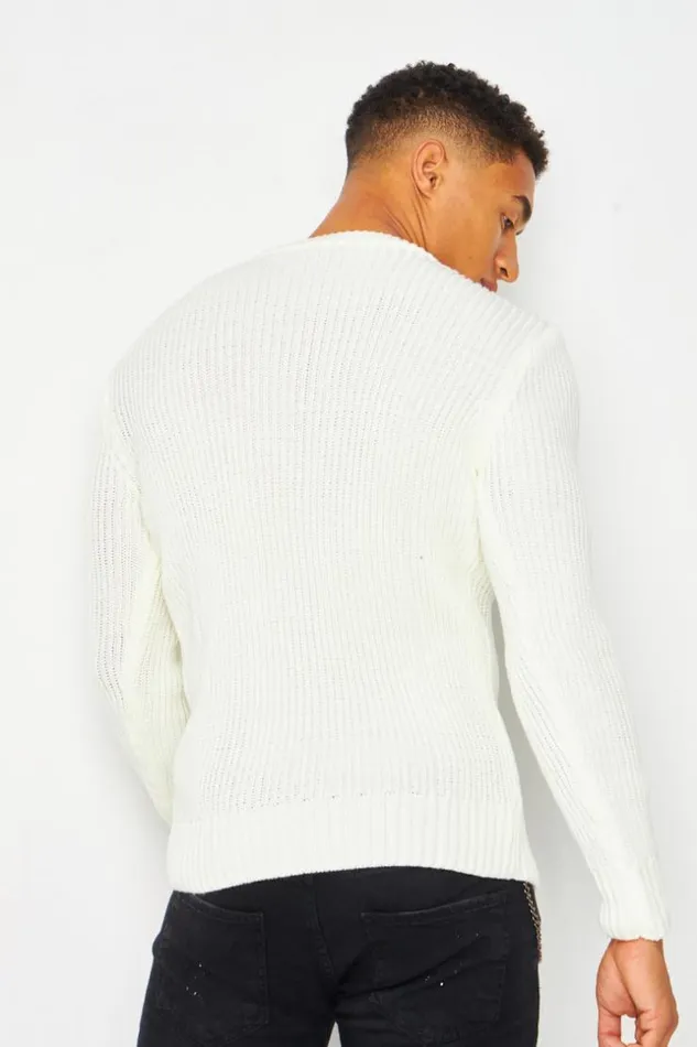 Men Cable Knit Crew Neck Jumper In Off White White Brentiny Paris Sweatshirts and Pullovers