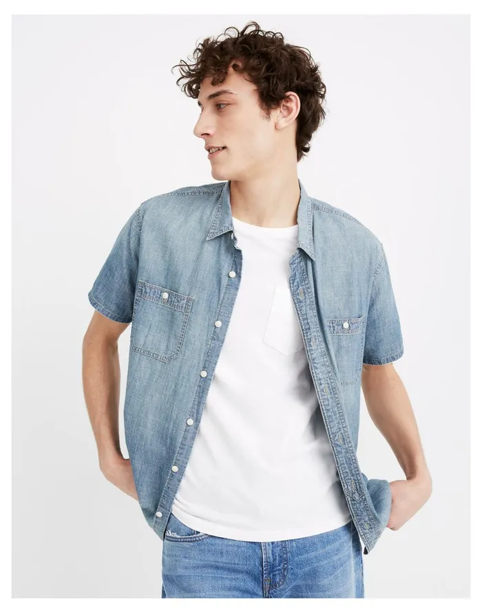 Men Chambray Perfect Short Sleeve Shirt In Winterdale Wash Winterdale Wash Madewell Shirts