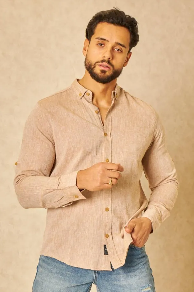 Men Chemise En Lin Beige Chin Manches Longues Beige Brentiny Paris Shirts