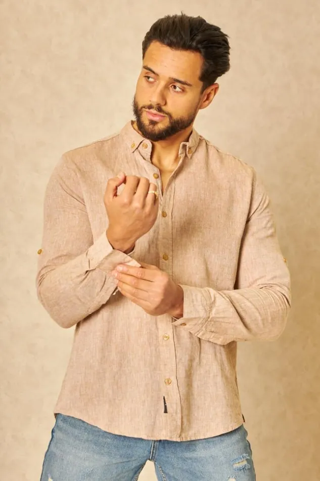 Men Chemise En Lin Beige Chin Manches Longues Beige Brentiny Paris Shirts