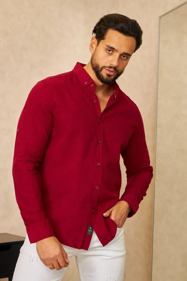 Men Chemise En Lin Bordeaux Manches Longues Bordeaux Brentiny Paris Shirts