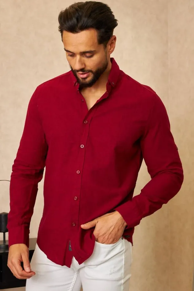Men Chemise En Lin Bordeaux Manches Longues Bordeaux Brentiny Paris Shirts