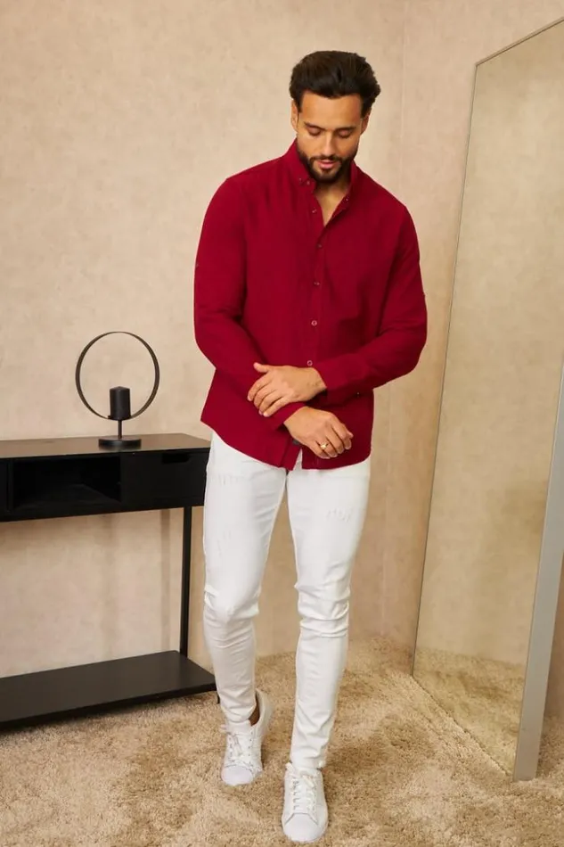 Men Chemise En Lin Bordeaux Manches Longues Bordeaux Brentiny Paris Shirts