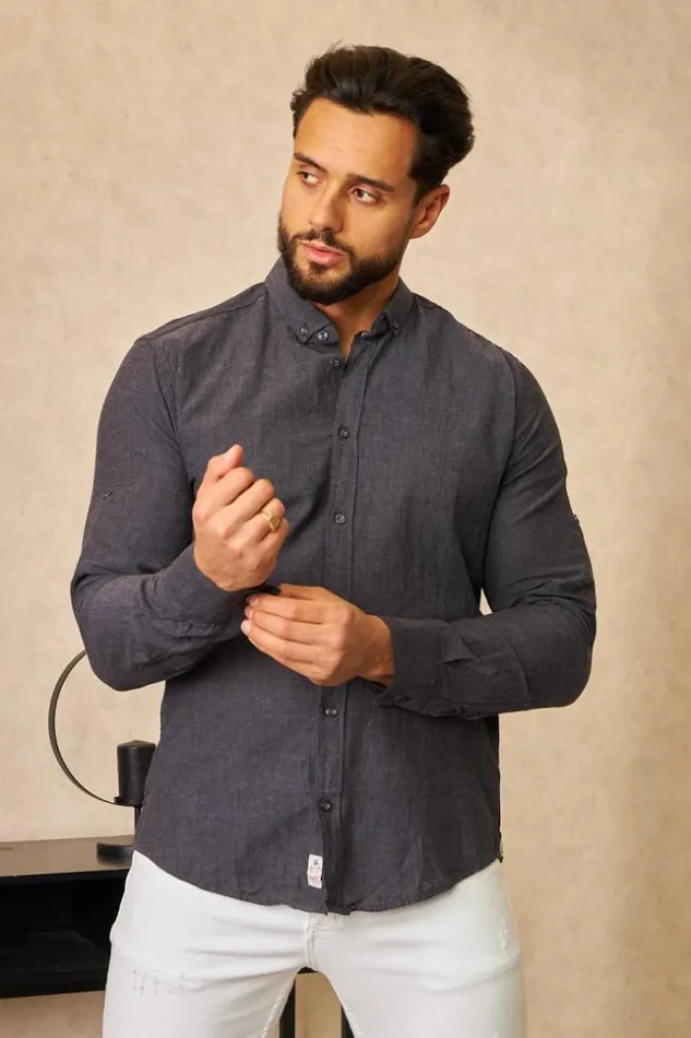 Men Chemise En Lin Noire Chin Manches Longues Black Brentiny Paris Shirts