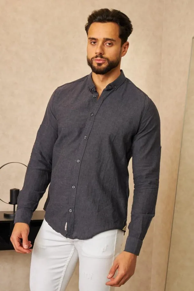 Men Chemise En Lin Noire Chin Manches Longues Black Brentiny Paris Shirts