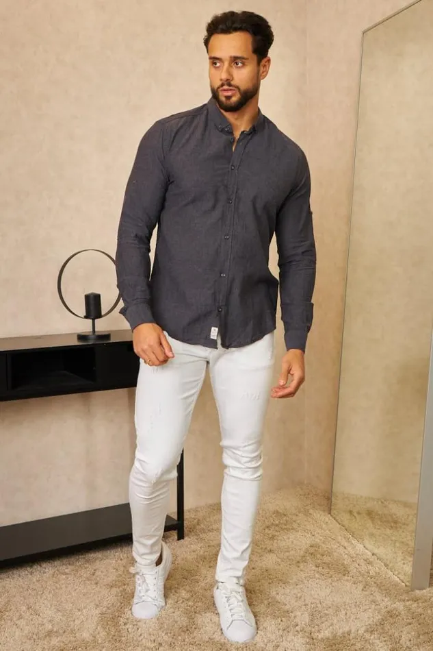 Men Chemise En Lin Noire Chin Manches Longues Black Brentiny Paris Shirts