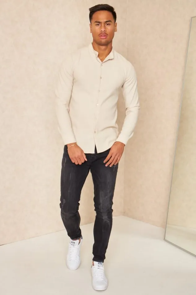 Men Chemise Fluide Texture Beige Beige Brentiny Paris Shirts