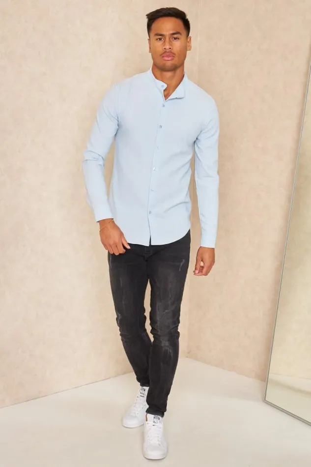 Men Chemise Fluide Texture Bleu Ciel Bleuclair Brentiny Paris Shirts