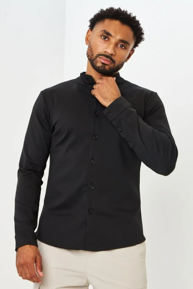 Men Chemise Noire Col Mao Black Brentiny Paris Shirts