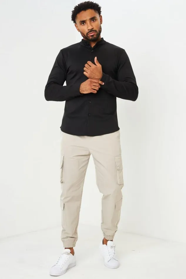 Men Chemise Noire Col Mao Black Brentiny Paris Shirts