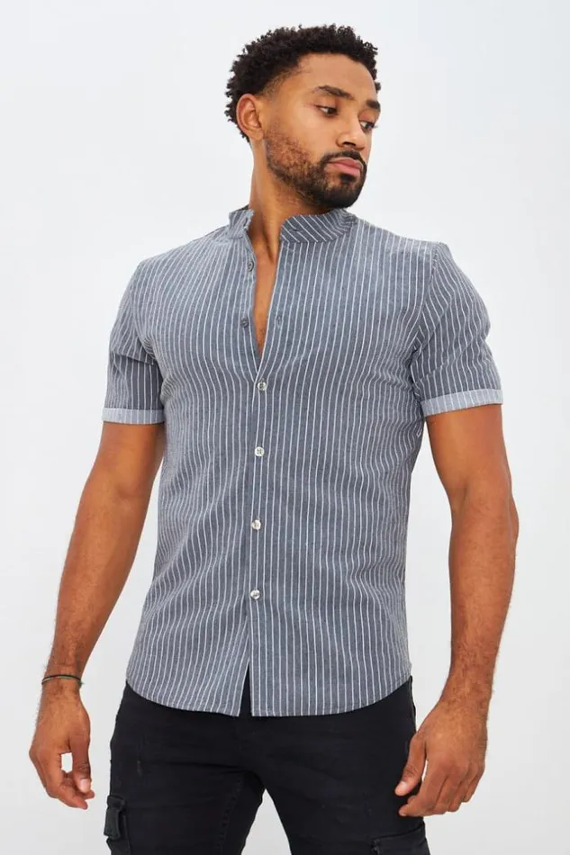 Men Collarless Shirt With Vertical Stripes In Grey Grey Brentiny Paris Shirts