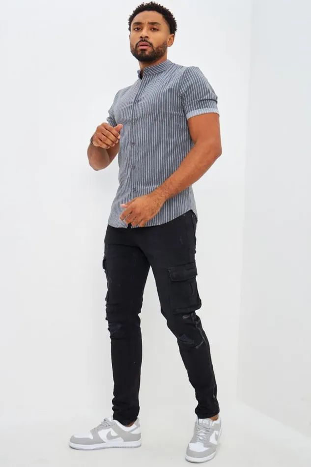 Men Collarless Shirt With Vertical Stripes In Grey Grey Brentiny Paris Shirts
