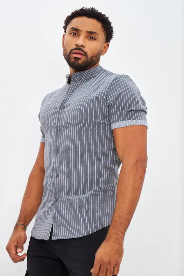 Men Collarless Shirt With Vertical Stripes In Grey Grey Brentiny Paris Shirts