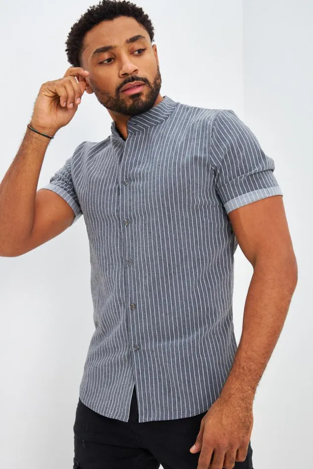 Men Collarless Shirt With Vertical Stripes In Grey Grey Brentiny Paris Shirts