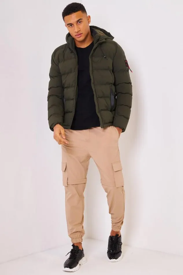 Men Down Jacket With Hood In Khaki Green Brentiny Paris Parkas And Down Jackets