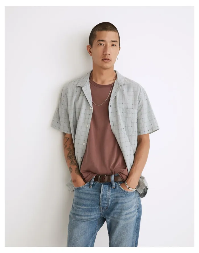 Men Easy Short Sleeve Camp Shirt In Stitch Dobby Glassware Blue Boxstitch Madewell Shirts