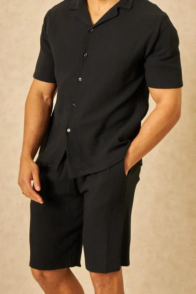 Men Ensemble 2 Pices Chemise Short Effet Lin Noir Black Brentiny Paris Top Bottom Sets