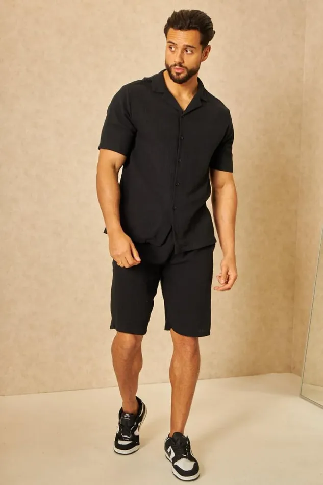 Men Ensemble 2 Pices Chemise Short Effet Lin Noir Black Brentiny Paris Top Bottom Sets Men Ensemble 2 Pices Chemise Short Effet Lin Noir Black Brentiny Paris Top Bottom Sets