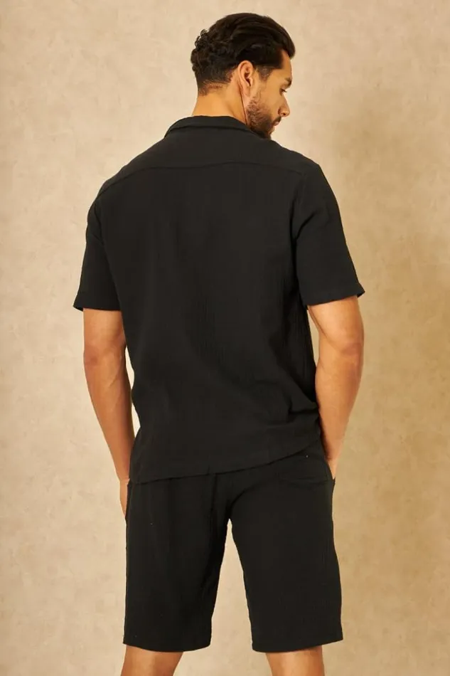 Men Ensemble 2 Pices Chemise Short Effet Lin Noir Black Brentiny Paris Top Bottom Sets Men Ensemble 2 Pices Chemise Short Effet Lin Noir Black Brentiny Paris Top Bottom Sets