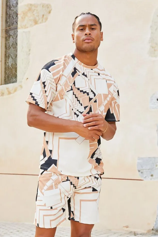 Men Ensemble 2 Pices TShirt Short Motif Gomtrique Tricolore Beige Brentiny Paris Top Bottom Sets Men Ensemble 2 Pices TShirt Short Motif Gomtrique Tricolore Beige Brentiny Paris Top Bottom Sets