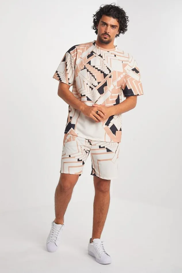 Men Ensemble 2 Pices TShirt Short Motif Gomtrique Tricolore Beige Brentiny Paris Top Bottom Sets Men Ensemble 2 Pices TShirt Short Motif Gomtrique Tricolore Beige Brentiny Paris Top Bottom Sets