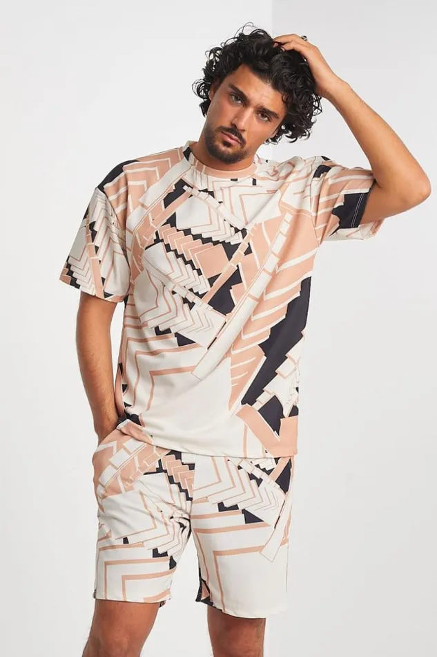 Men Ensemble 2 Pices TShirt Short Motif Gomtrique Tricolore Beige Brentiny Paris Top Bottom Sets Men Ensemble 2 Pices TShirt Short Motif Gomtrique Tricolore Beige Brentiny Paris Top Bottom Sets
