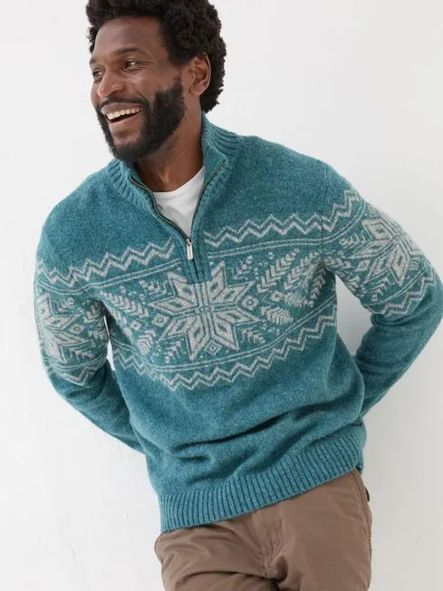 Men Fatface Knitwear Calder Light Blue Half Neck Jumper