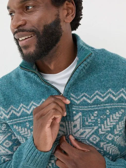 Men Fatface Knitwear Calder Light Blue Half Neck Jumper