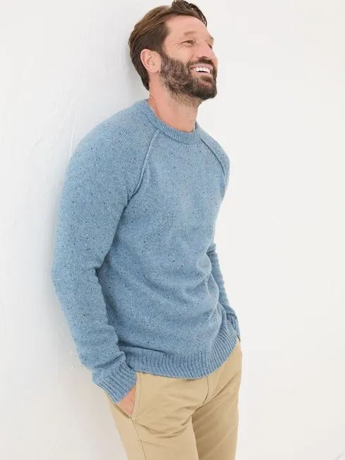 Men Fatface Knitwear Chambray Blue Lambswool Plain Crew
