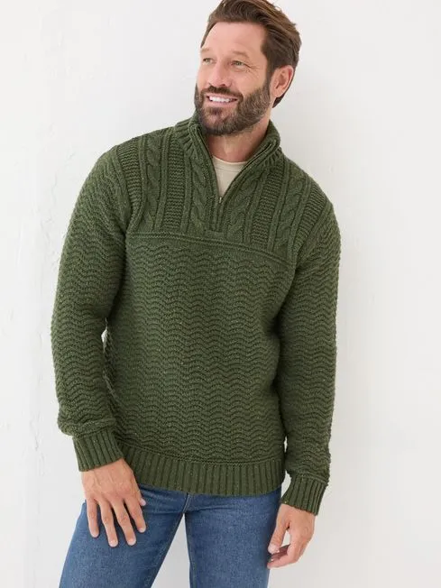Men Fatface Knitwear Khaki Green Funtley Half Neck Jumper