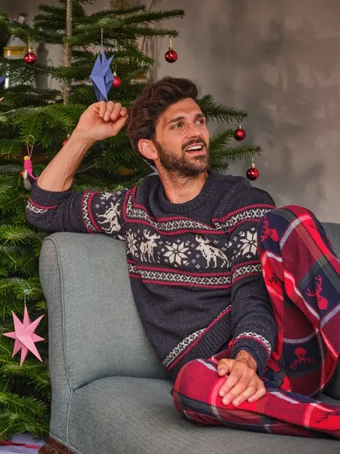 Men Fatface Knitwear Navy Moose Crew Jumper
