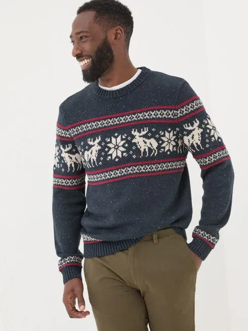 Men Fatface Knitwear Navy Moose Crew Jumper Men Fatface Knitwear Navy Moose Crew Jumper