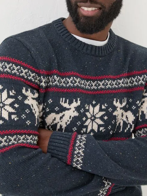 Men Fatface Knitwear Navy Moose Crew Jumper Men Fatface Knitwear Navy Moose Crew Jumper