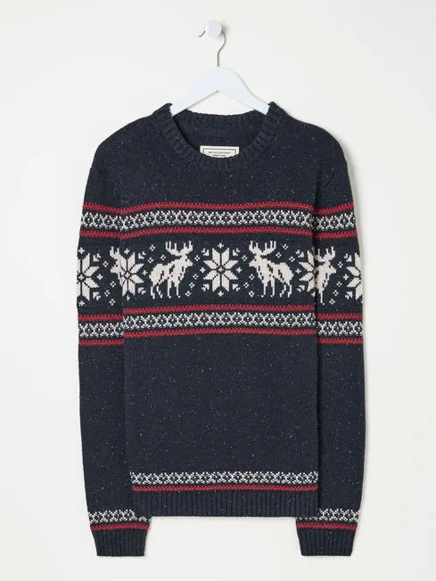 Men Fatface Knitwear Navy Moose Crew Jumper Men Fatface Knitwear Navy Moose Crew Jumper