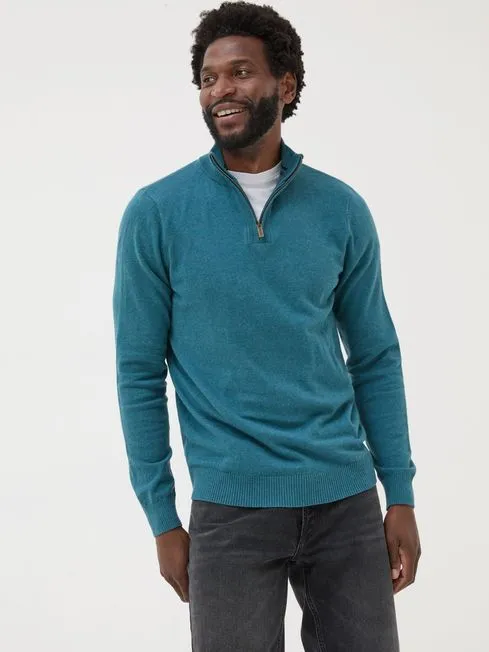 Men Fatface Knitwear Rye Teal Blue HalfNeck Jumper