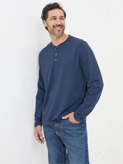 Men Fatface Loungewear Woodside Navy Blue Long Sleeve Henley T Shirt