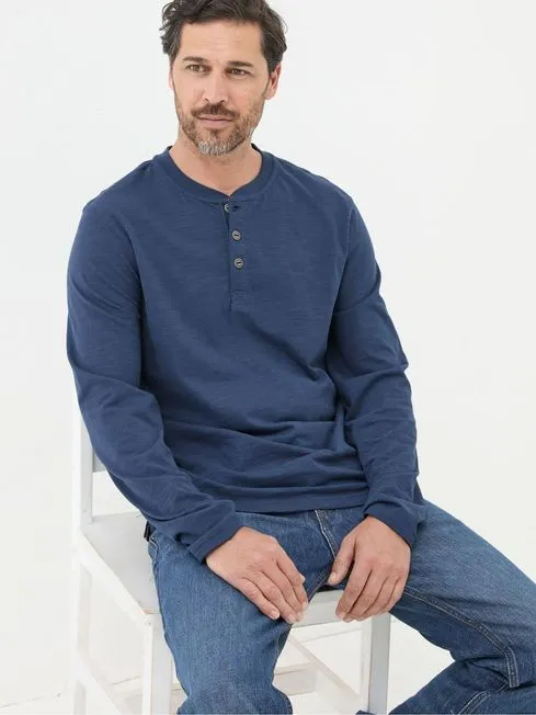 Men Fatface Loungewear Woodside Navy Blue Long Sleeve Henley T Shirt