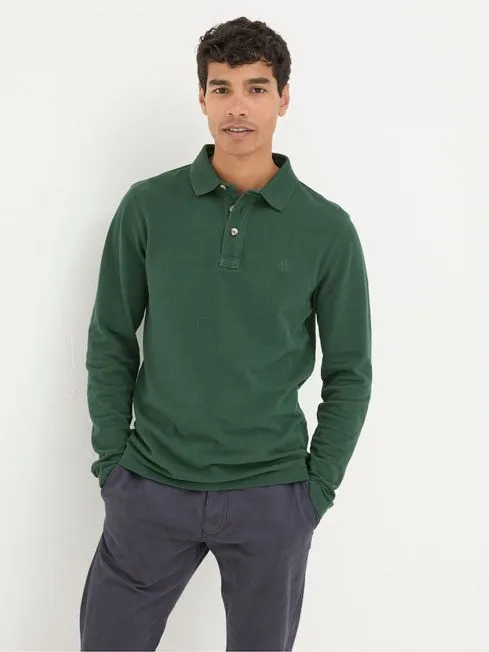 Men Fatface Polo Shirts Green Long Sleeve Organic Pique Polo Shirt