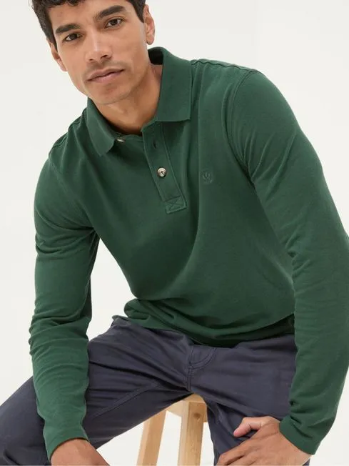 Men Fatface Polo Shirts Green Long Sleeve Organic Pique Polo Shirt Men Fatface Polo Shirts Green Long Sleeve Organic Pique Polo Shirt