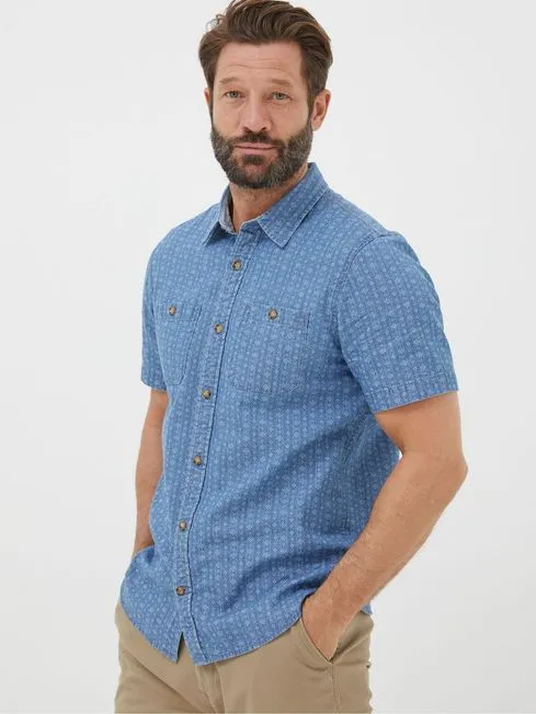 Men Fatface Shirts Geo Blue Indigo Print Shirt