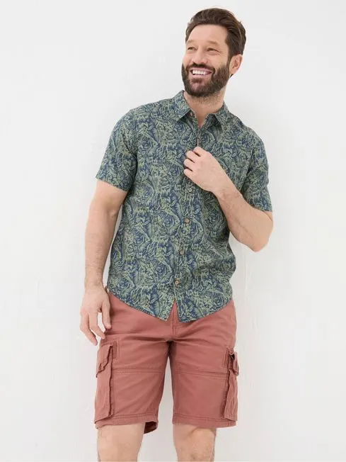 Men Fatface Shirts Green Short Sleeve Jungle Print Shirt