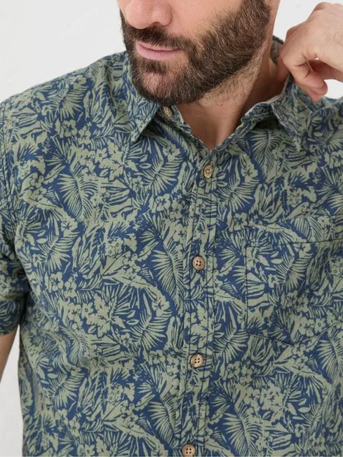 Men Fatface Shirts Green Short Sleeve Jungle Print Shirt