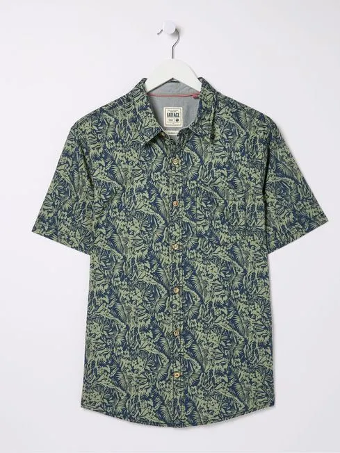 Men Fatface Shirts Green Short Sleeve Jungle Print Shirt