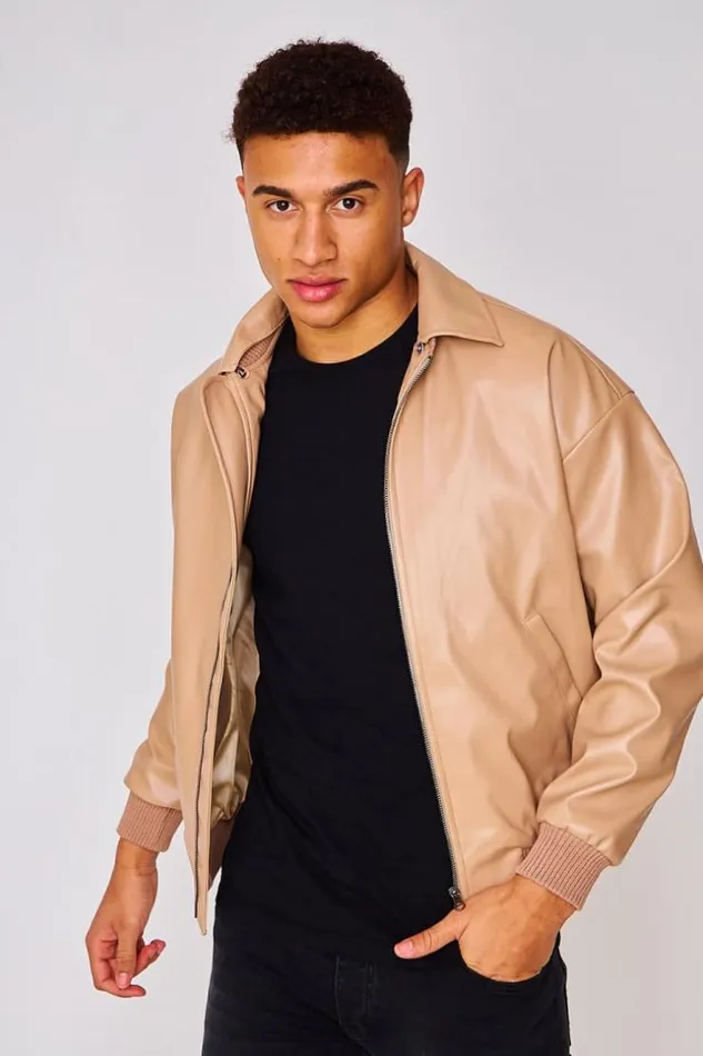 Men Faux Leather Bomber Jacket In Dark Beige Beige Brentiny Paris Jackets