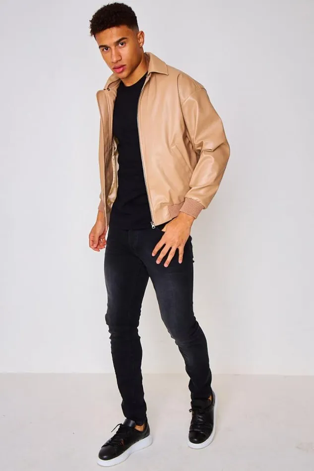 Men Faux Leather Bomber Jacket In Dark Beige Beige Brentiny Paris Jackets