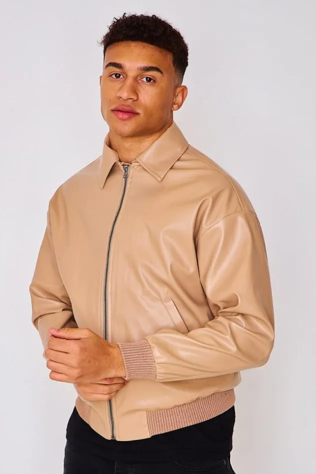 Men Faux Leather Bomber Jacket In Dark Beige Beige Brentiny Paris Jackets