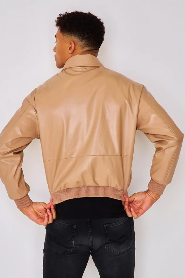 Men Faux Leather Bomber Jacket In Dark Beige Beige Brentiny Paris Jackets