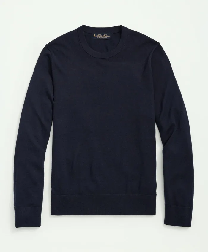 Men Fine Merino Wool Crewneck Sweater Navy Brooks Brothers Sweaters