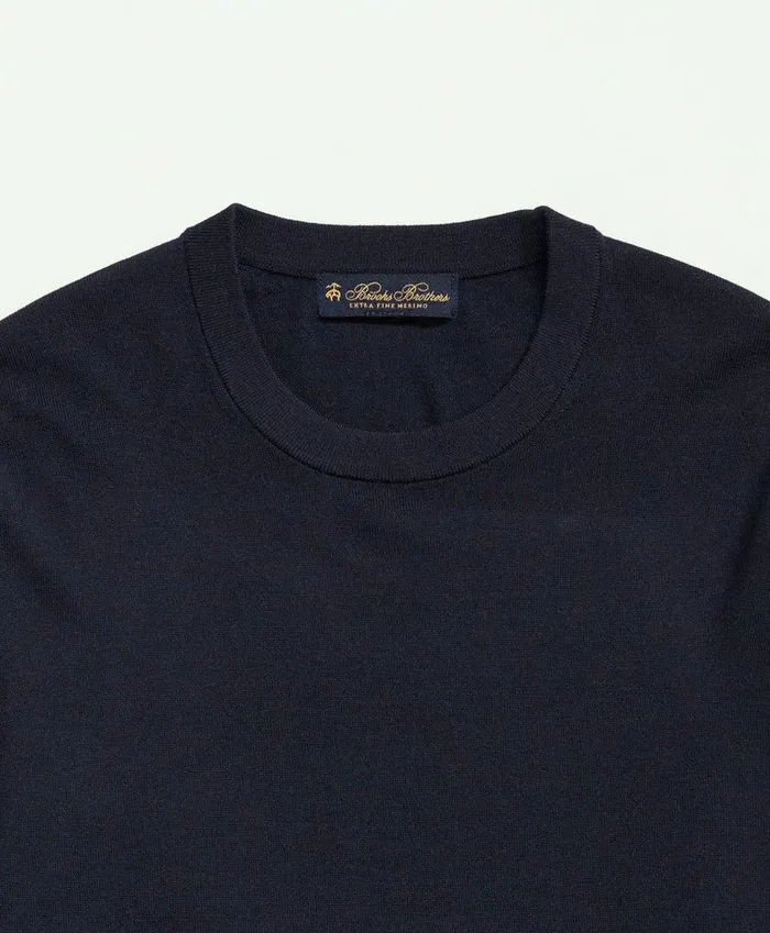 Men Fine Merino Wool Crewneck Sweater Navy Brooks Brothers Sweaters